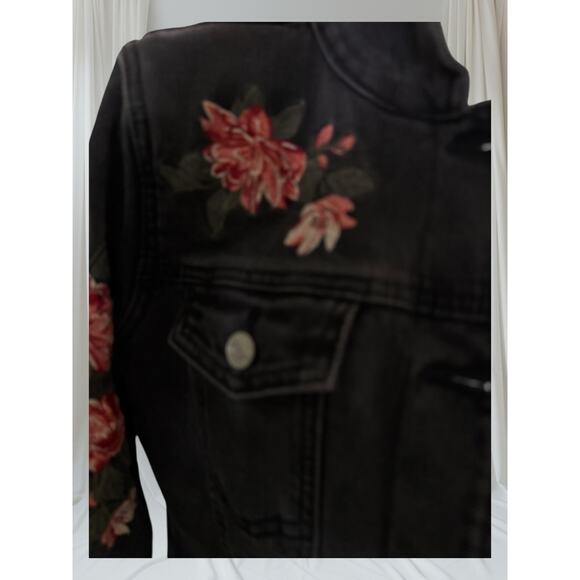 Pacsun Black Denim Jacket Sherpa Collar Rose Embroidery Women’s Size S - Picture 7 of 11